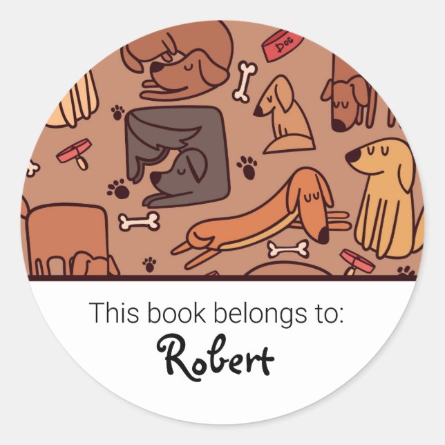 Kids cute dog pattern bookplate classic round sticker (Front)