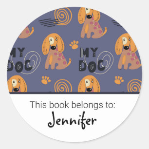 Kids cute dog pattern bookplate classic round sticker