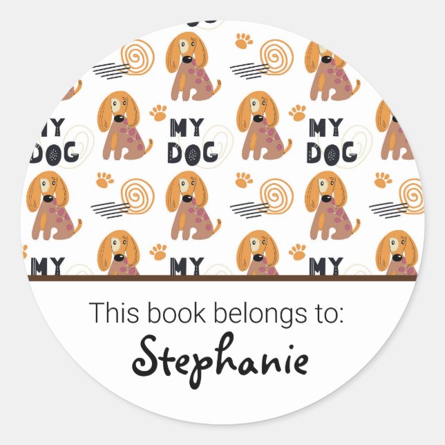 Kids cute dog pattern bookplate classic round sticker (Front)