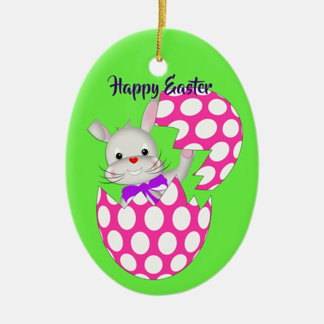 Kids Cute Easter Egg  Bunny & Chick Personalised Ceramic Tree Decoration (Front)
