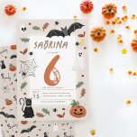Kids Cute Fall Halloween 6th Birthday Invitation<br><div class="desc">This cute kids Birthday invitation features a Halloween fall design, with a ghost, bat, black cat, spiders, pumpkin, and skull. The invitation provides areas for you to add your Birthday party details in a minimalist spooky script. A matching Halloween-October pattern can be found on the reverse of the card. Perfect...</div>