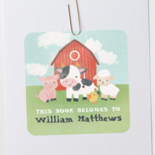 Kids Cute Farm Animal School Library Bookplate Square Sticker