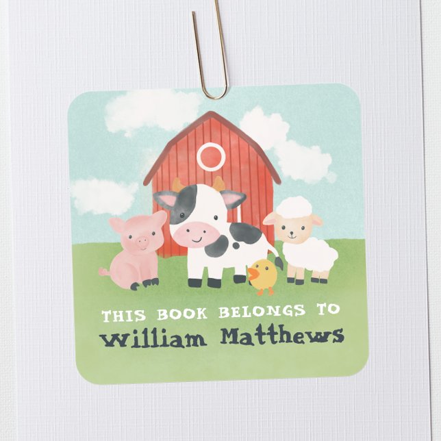 Kids Cute Farm Animal School Library Bookplate Square Sticker (Creator Uploaded)