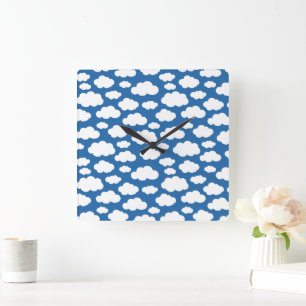 Kids Cute Fluffy Clouds in Sky Blue White Square Wall Clock