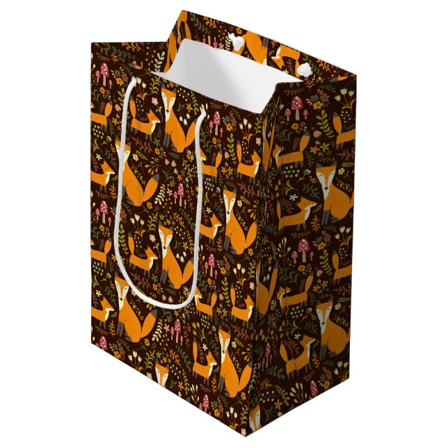Kids Cute Forest Fox Family Mushroom Flowers Medium Gift Bag (Front Angled)