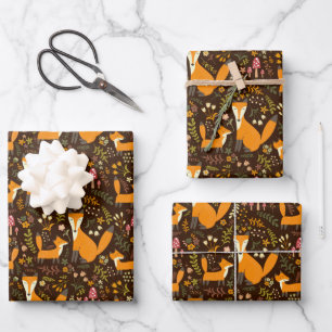 Kids Cute Forest Fox Family Mushroom Flowers Wrapping Paper Sheet
