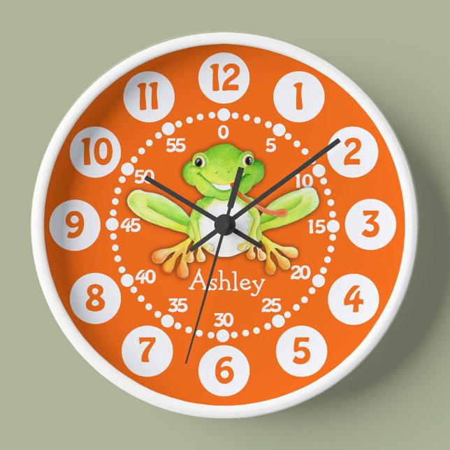 Kids cute frog orange green wall clock (Creator Uploaded)