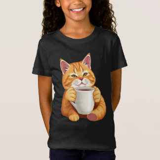 Kids Cute Ginger Cat Coffee Graphic T-Shirt