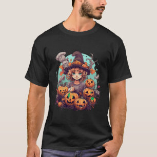 Kids Cute Girl Wearing Witch Hat Cat Pumpkin Hallo T-Shirt