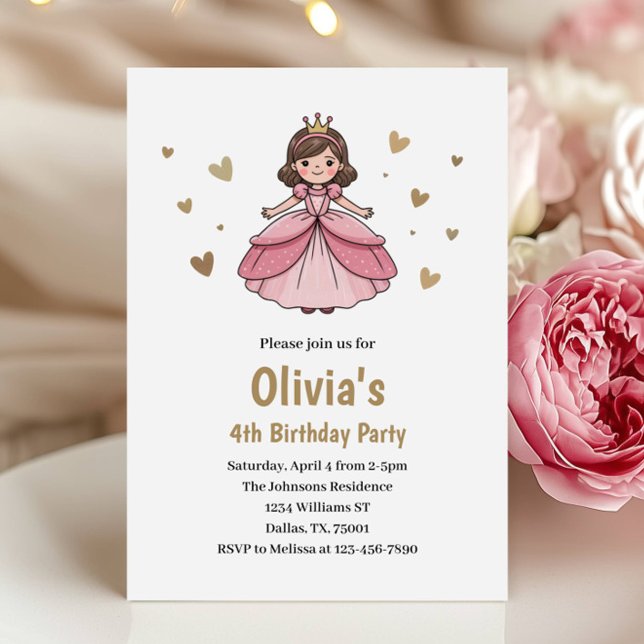 Kids Cute Gold Pink Princess Birthday Invitation (Creator Uploaded)