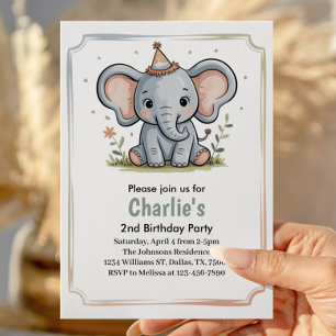 Kids Cute Green Elephant 2nd Birthday Party Invitation