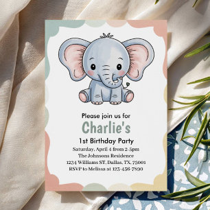Kids Cute Green Elephant Birthday Party Invitation