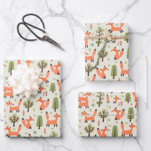 Kids Cute Happy Foxes Playing Running in Forest Wrapping Paper Sheet