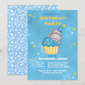 Kids Cute Hippo with a Blue Cupcake Birthday Invi Invitation
