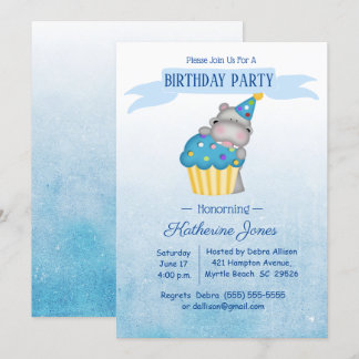 Kids Cute Hippo with a Blue Cupcake Birthday Invitation