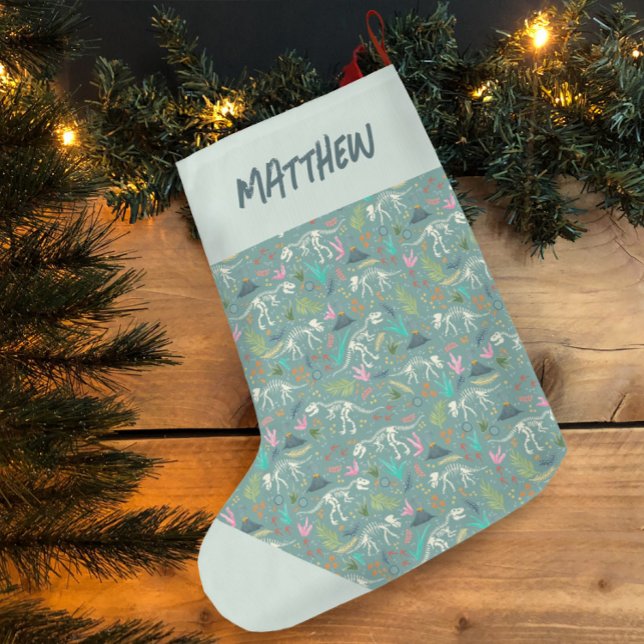 Kids Cute Jurassic Dinosaur Fossil Boys Large Christmas Stocking (Creator Uploaded)