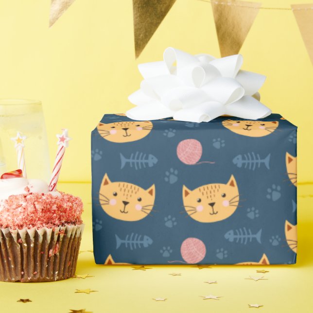 Kids Cute Kitty Cat Faces Paw Prints Ball of Yarn Wrapping Paper (Birthday Party)