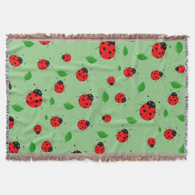 Kids Cute lady bug & green leave pattern gradient Throw Blanket (Front)