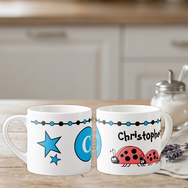 Kids cute ladybugs name initial blue espresso cup (Creator Uploaded)