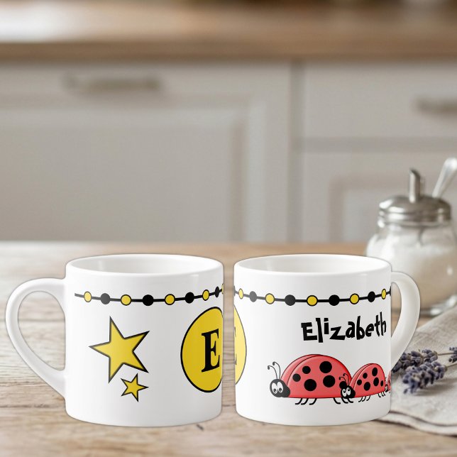Kids cute ladybugs name initial yellow espresso cup (Creator Uploaded)