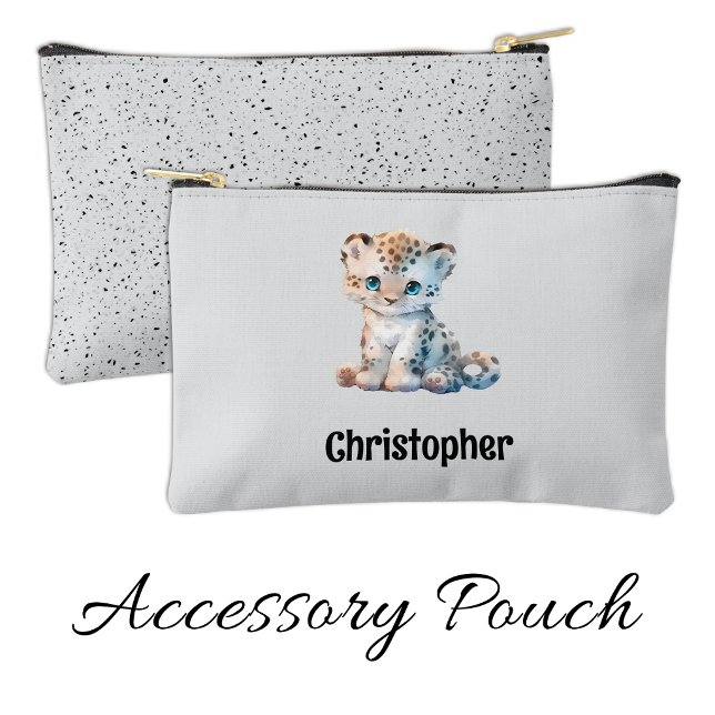 Kids cute leopard add a name grey black accessory pouch (Creator Uploaded)