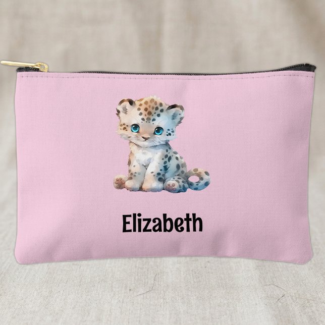 Kids cute leopard add a name pink black accessory pouch (Creator Uploaded)