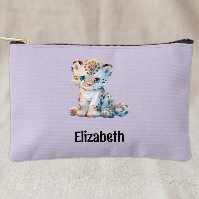 Kids cute leopard add a name purple black accessory pouch (Creator Uploaded)