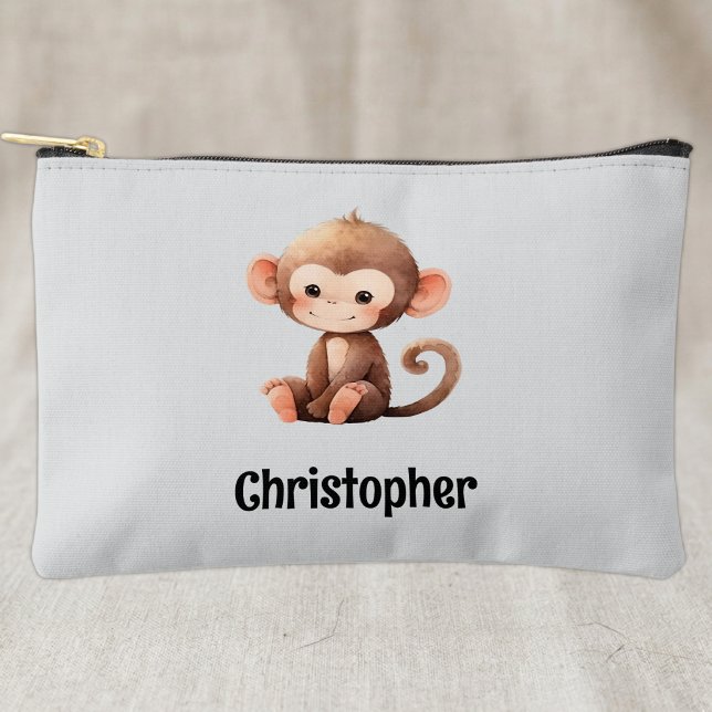 Kids cute monkey add a name grey black accessory pouch (Creator Uploaded)