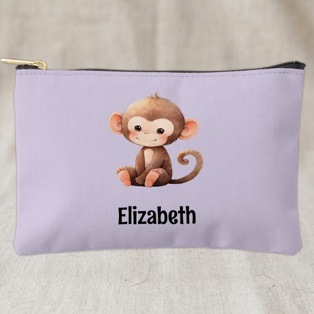 Kids cute monkey add a name purple black accessory pouch (Creator Uploaded)