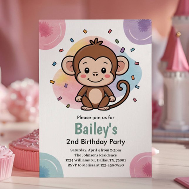 Kids Cute Monkey Jungle Birthday Party Invitation (Creator Uploaded)
