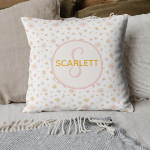 Kids Cute Name Pink Orange Pattern of Suns Hearts  Cushion