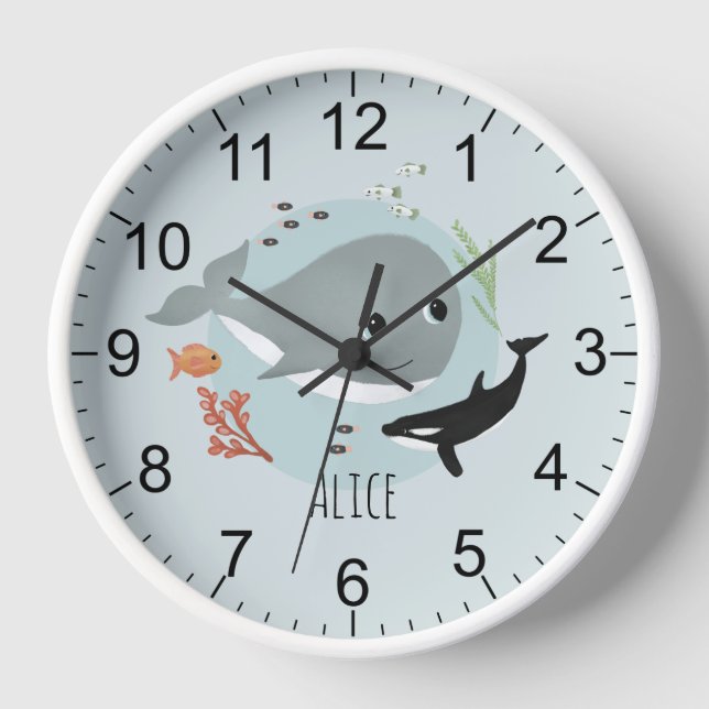 Kids Cute Ocean Whale and Orca Acrylic Wall Clock (Front)