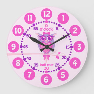 Kids cute owl pink purple wall clock