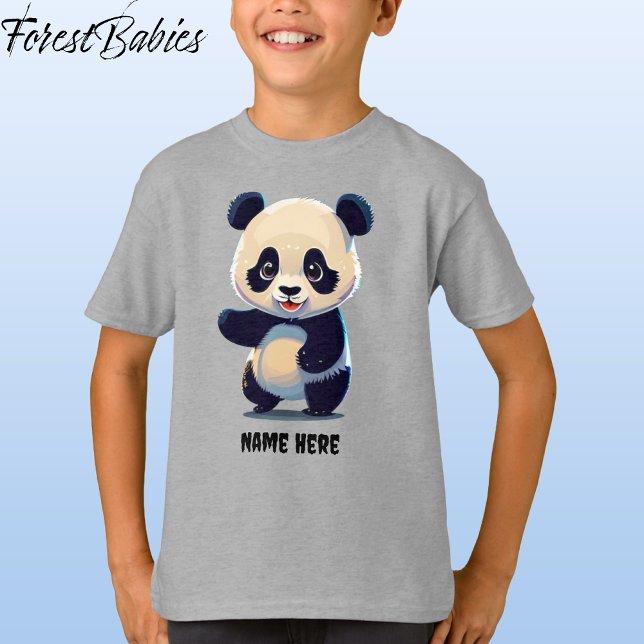 Kids Cute Panda Bear Nature Animal Cartoon Graphic T-Shirt (🐼 Panda Bear, Gray Customizable ForestBabies T-shirt - Front)