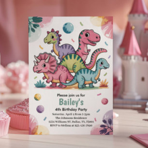 Kids Cute Pink Dinosaur 4th Birthday Party Invitation
