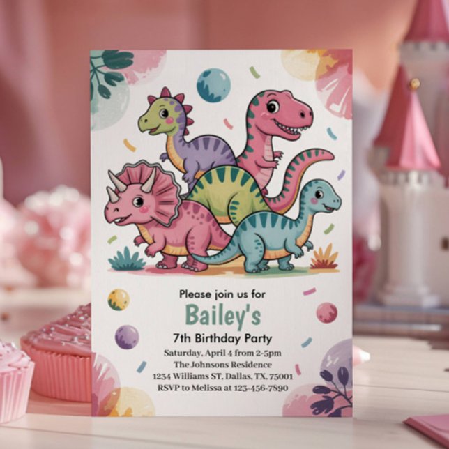 Kids Cute Pink Dinosaur 7th Birthday Party Invitation (Creator Uploaded)