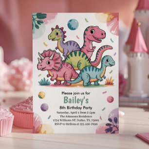 Kids Cute Pink Dinosaur 8th Birthday Party Invitation