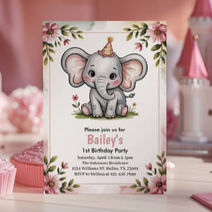 Kids Cute Pink Elephant 1st Birthday Party Invitation