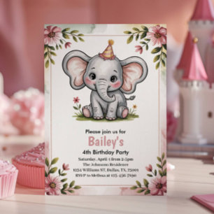 Kids Cute Pink Elephant 4th Birthday Party Invitation