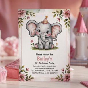 Kids Cute Pink Elephant 5th Birthday Party Invitation