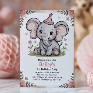 Kids Cute Pink Elephant Birthday Party Invitation