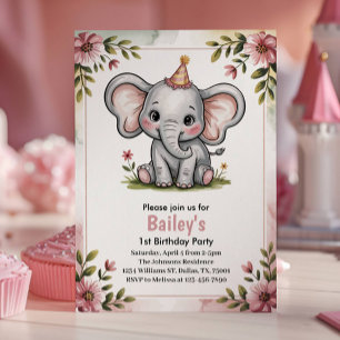 Kids Cute Pink Elephant Birthday Party Invitation