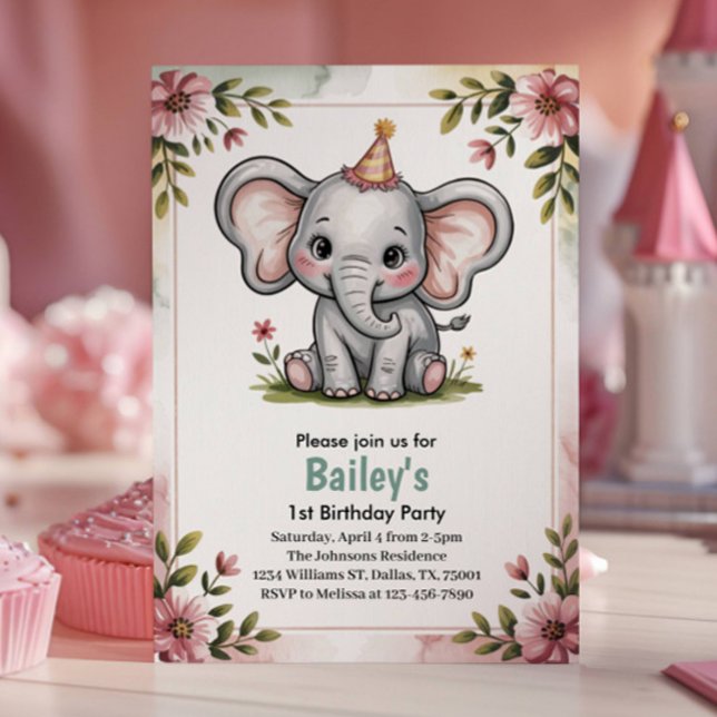 Kids Cute Pink Elephant Birthday Party Invitation (Creator Uploaded)