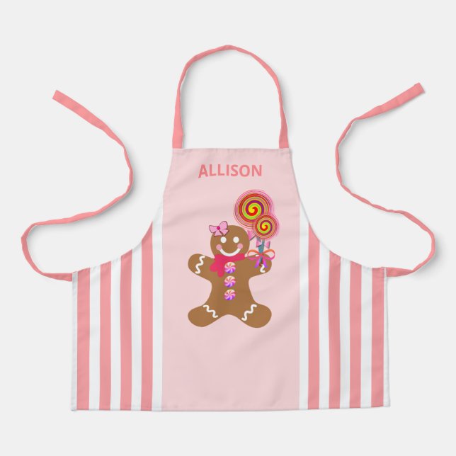 Kids Cute Pink Gingerbread Man Christmas Apron (Front)