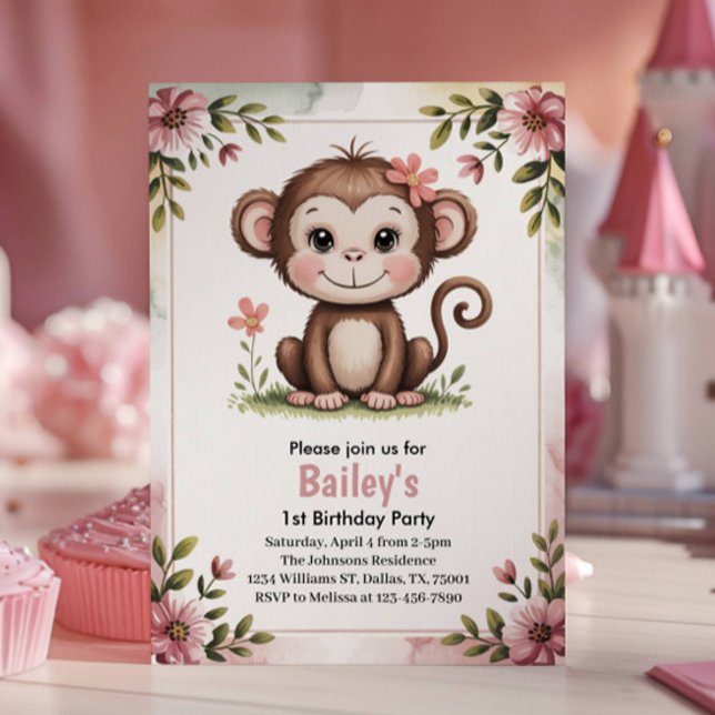 Kids Cute Pink Monkey 1st Birthday Party Invitation (Creator Uploaded)