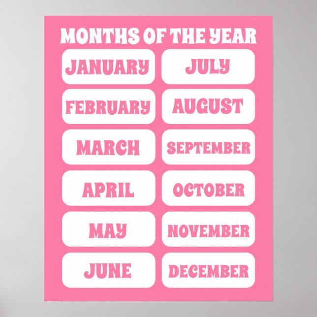 Kids Cute Pink Months Of The Year Learning Nursery Poster (Front)