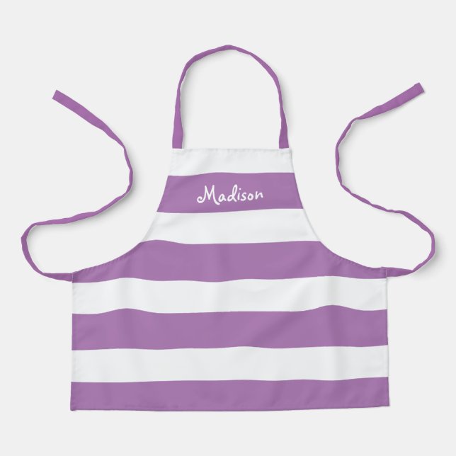 Kids Cute Purple and White Striped Personalised Apron (Front)