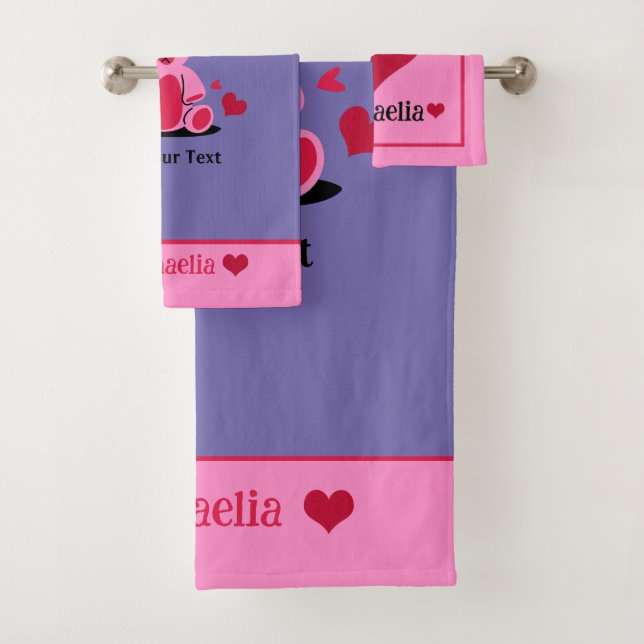 Kid's Cute Purple & Pink Teddy Bear, Hearts Custom Bath Towel Set (Insitu)