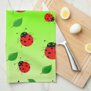 Kids Cute Red ladybug and green leave on gradient Tea Towel