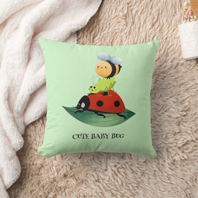 Kids Cute Red ladybug Bee bug insect on green leaf Cushion (Blanket)